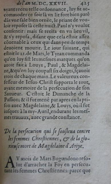 p. 425- De la persecution qui se souleva contre les femmes Chrestiennes, & de la glorieuse mort de Magdelaine d'Ariye..JPG