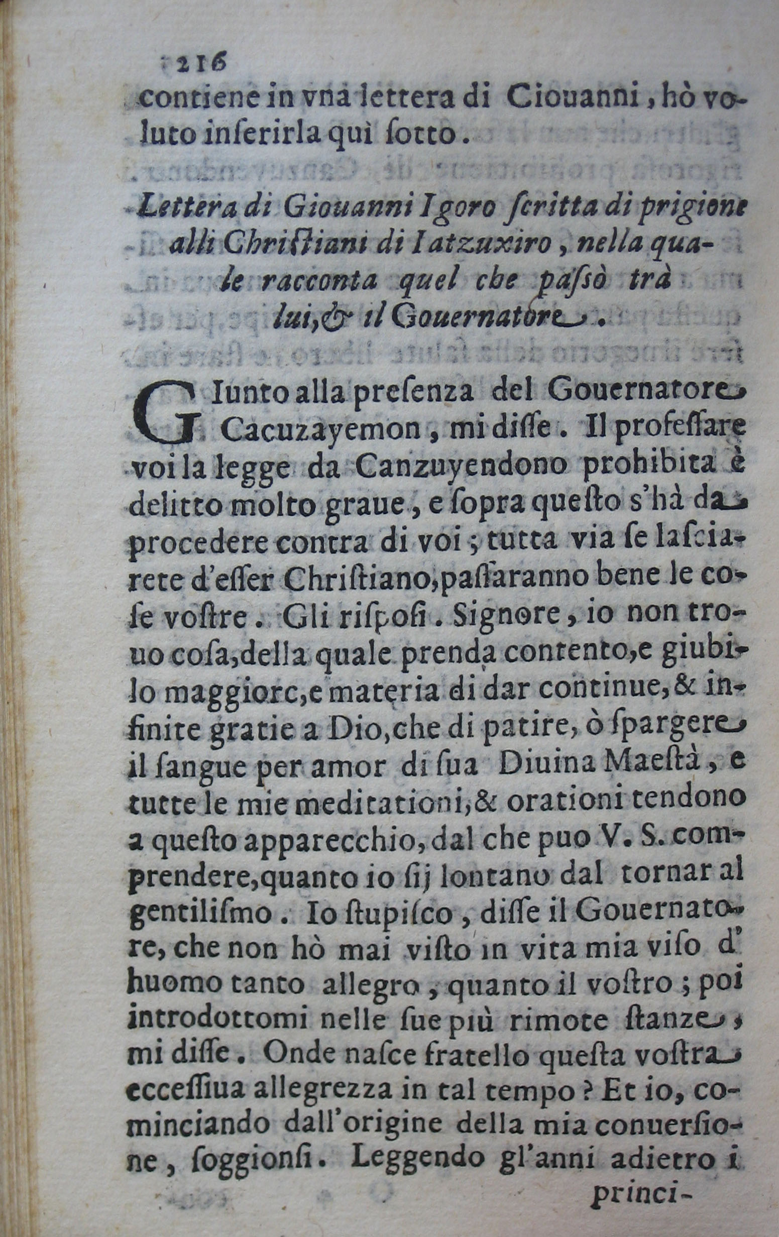 p. 216- Lettera di Giovanni Igoro scritta di prigione alli Christiani di Iatzuxiro, ....JPG