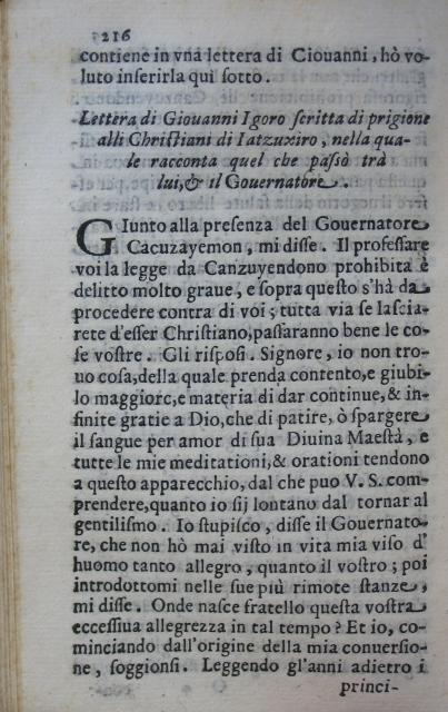 p. 216- Lettera di Giovanni Igoro scritta di prigione alli Christiani di Iatzuxiro, ....JPG