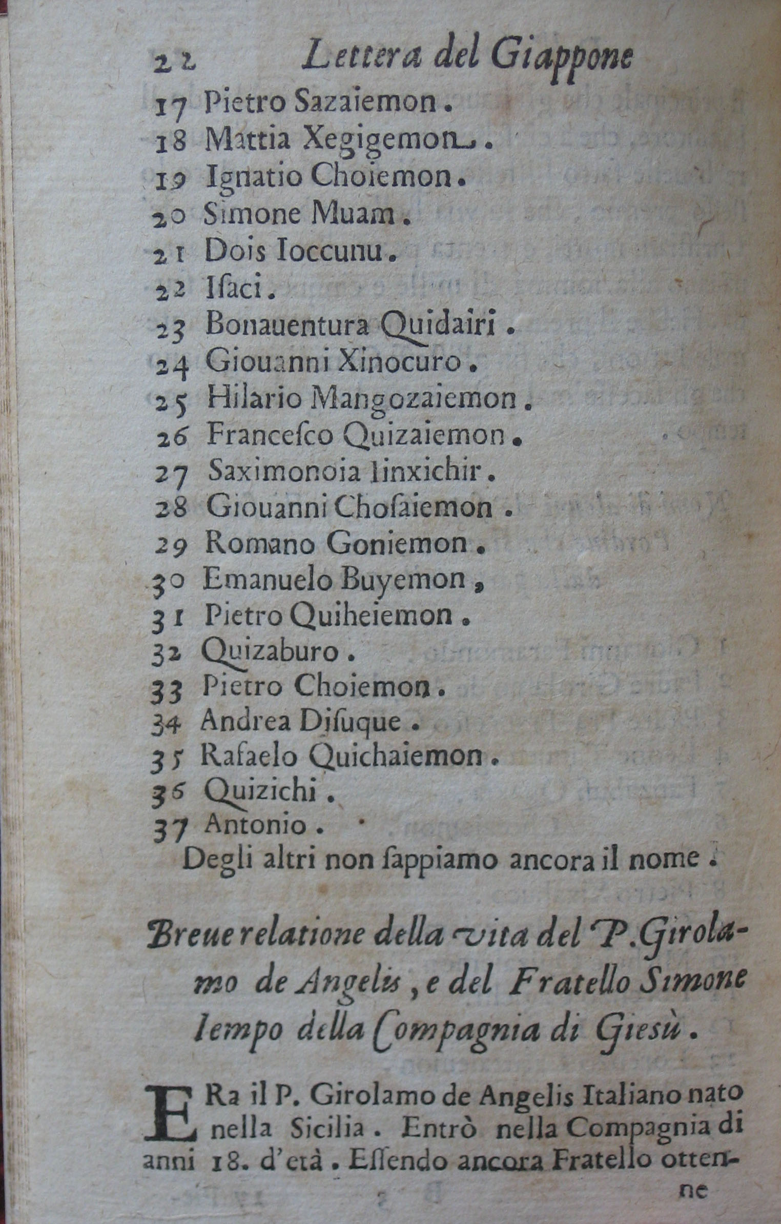 p. 22- Breve relatione della vita del P. Girolama de Angelis, e del Fratello Simone Iempo della Compagnie di Giesù.JPG