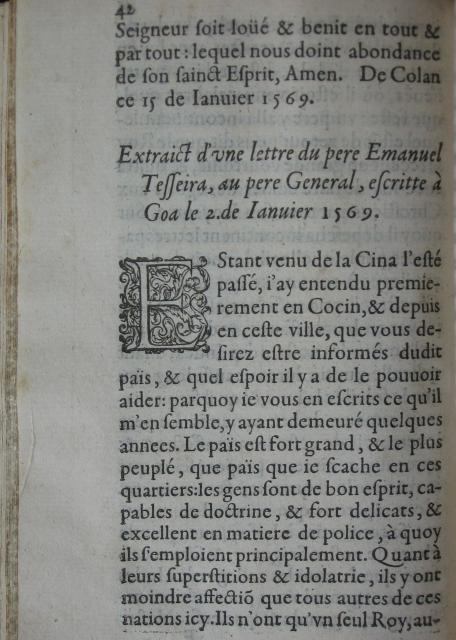p. 42- Extraict d'une lettre du pere Emanuel Tesseira, au pere General, escritte à Goa le 2. de Janvier 1569..JPG