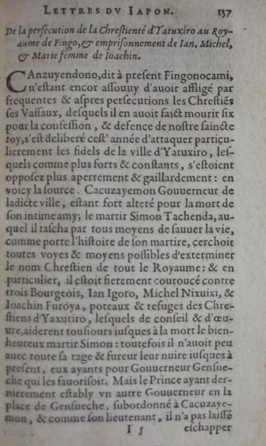 p. 137- De la persecution de la Chrestienté d'Yatuxiro au Royuame de Fungo, & emprisonnement de Ian, Michel, & Marie fem