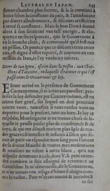 p. 143- Lettre de Ian Igora, escrite dans la prison, aux Chrestiens d'Yatuxiro, en laquelle il raconte ce qui s'est passé entre 