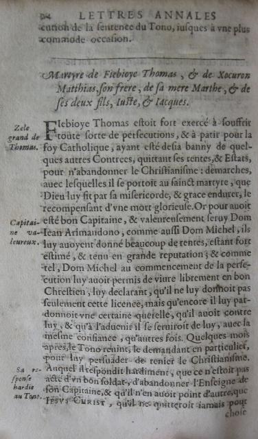 p. 24- Martyre de Fiebioye Thomas, & de Xocuron Matthias, son frere, de sa mere Marthe, & de ses deux fils, Juste et Jac