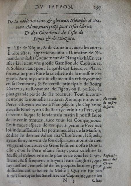 p. 197- De la noble victoire, & glorieux triomphe d'Aracana Adam, martyrizé pour Jesus-Christ. Et des Chrestiens de l'Isle d