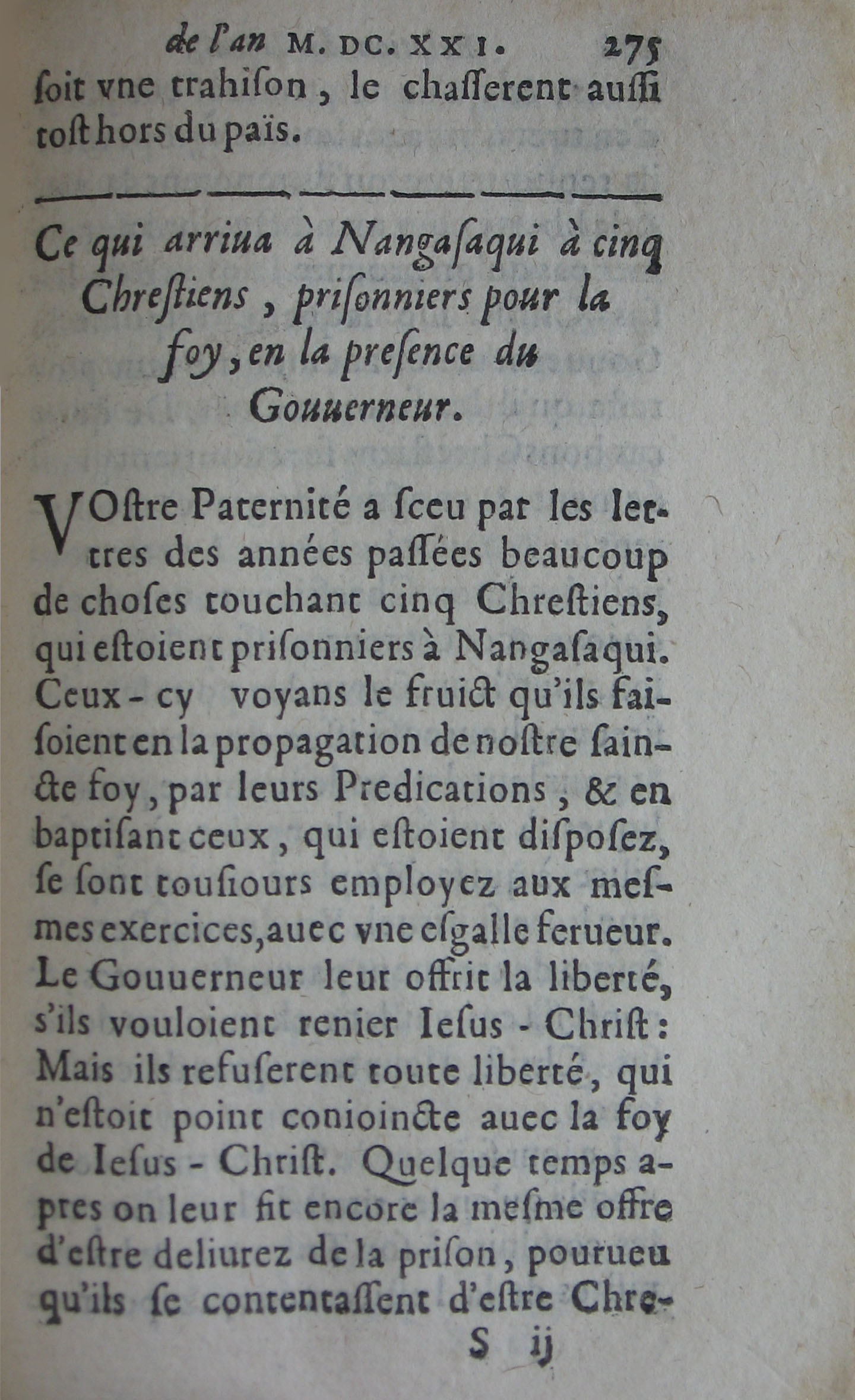 p. 275- Ce qui arriva à Nangasaqui à cinq Chrestiens, prisonniers pour la foy, en la presence du Gouverneur.JPG