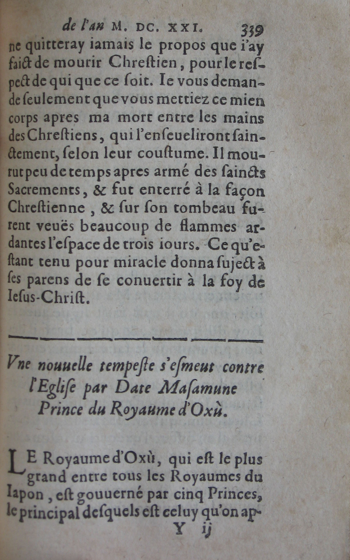 p. 339- Des Chrestiens du Royaume d'Oxù, & de Deua; Une nouvelle tempeste s'esmeut contre l'Eglise par Date Masamune Prince 