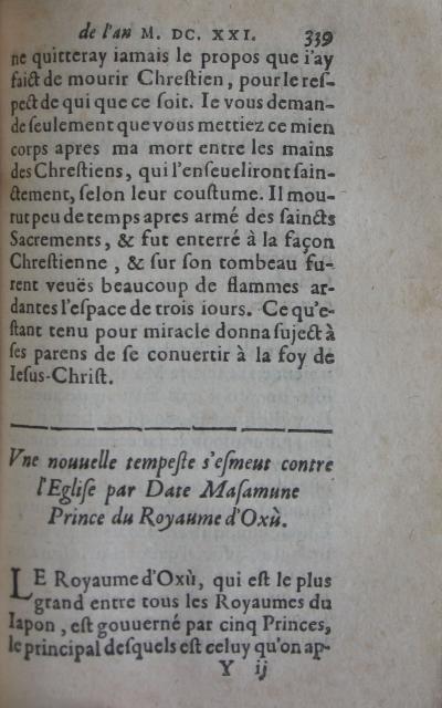 p. 339- Des Chrestiens du Royaume d'Oxù, & de Deua; Une nouvelle tempeste s'esmeut contre l'Eglise par Date Masamune Prince 