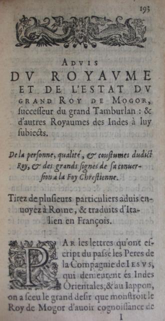 p. 193- ADVIS DU ROYAUME ET DE L'ESTAT DU GRAND ROY DE MOGOR, successeur du grand Tamburlan : & d'autres Royaumes des Indes 